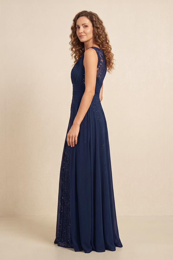 Dark Navy Illusion Neck A-Line Chiiffon Embroidered Pleated Mother of the Bride Dress (3) | KISSBRIDAL