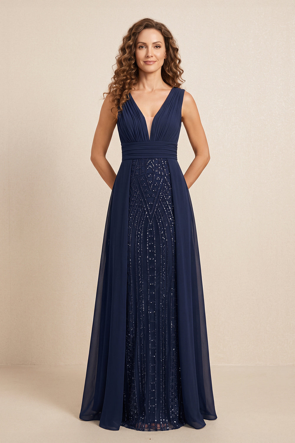Dark Navy Illusion Neck A-Line Chiiffon Embroidered Pleated Mother of the Bride Dress