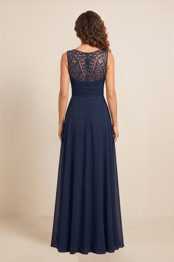 Dark Navy Illusion Neck A-Line Chiiffon Embroidered Pleated Mother of the Bride Dress (2) | KISSBRIDAL