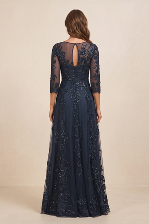 Dark Navy Illusion Neck A-Line Embroidered Tulle Mother of the Brides Dress with Sleeves (2) | KISSBRIDAL