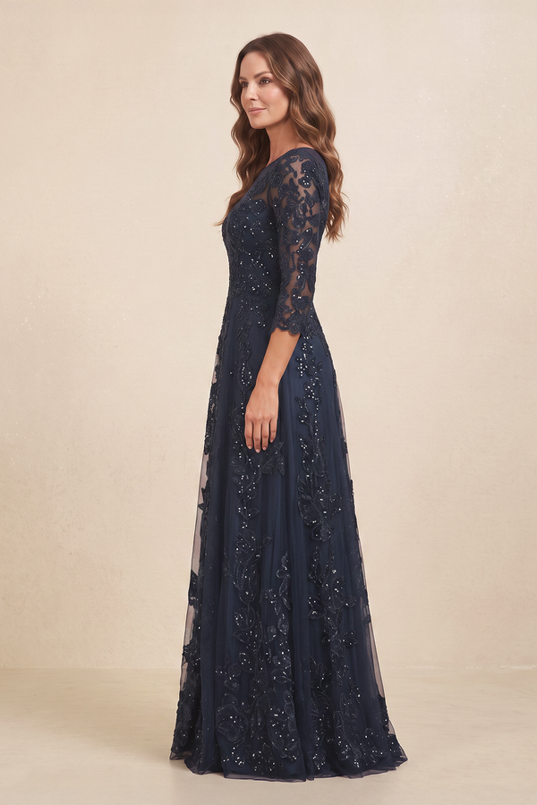 Dark Navy Illusion Neck A-Line Embroidered Tulle Mother of the Brides Dress with Sleeves (3) | KISSBRIDAL