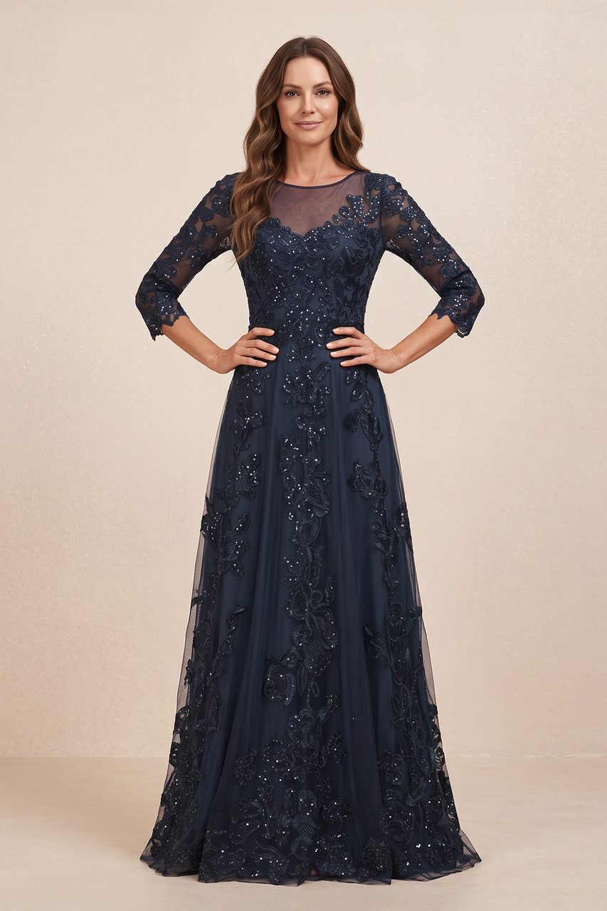 Dark Navy Illusion Neck A-Line Embroidered Tulle Mother of the Bride Dress with Sleeves
