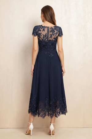 Dark Navy Illusion Neck A-Line Midi Mother of the Bride Dress with Embroidery (2) | KISSBRIDAL