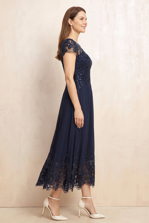 Dark Navy Illusion Neck A-Line Midi Mother of the Bride Dress with Embroidery (3) | KISSBRIDAL