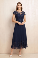 Dark Navy Illusion Neck A-Line Midi Mother of the Bride Dress with Embroidery | KISSBRIDAL