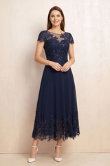 Dark Navy Illusion Neck A-Line Midi Mother of the Bride Dress with Embroidery | KISSBRIDAL