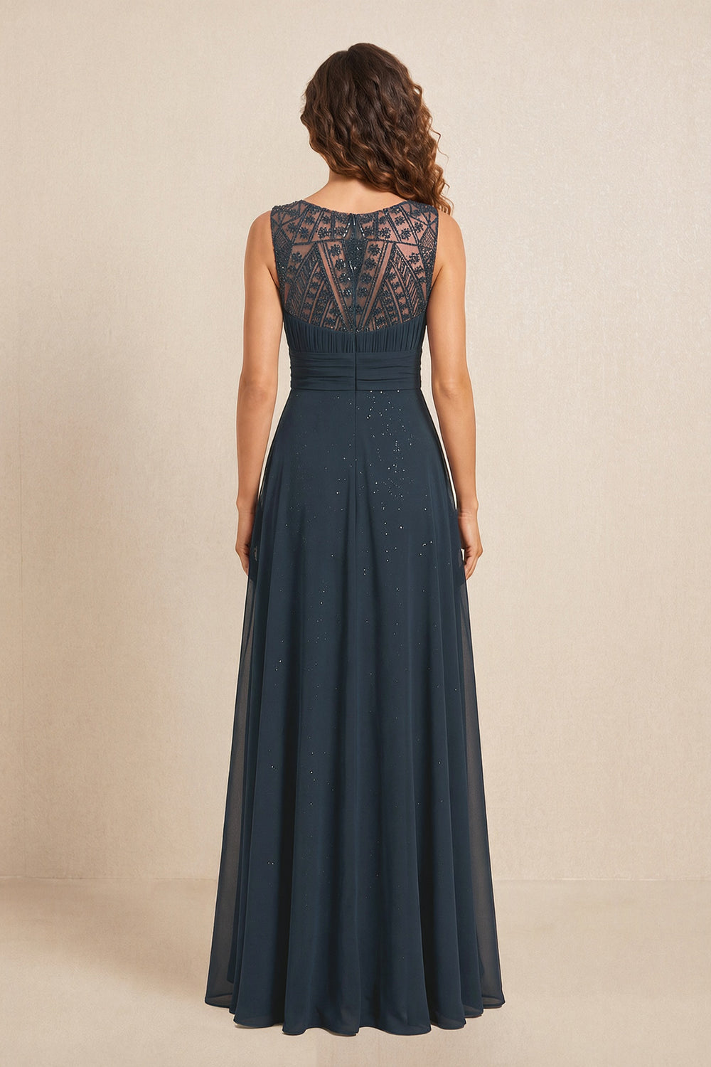 Dark Navy Illusion Neck A-Line Satin Embroidered Pleated Mother of the Bride Dress
