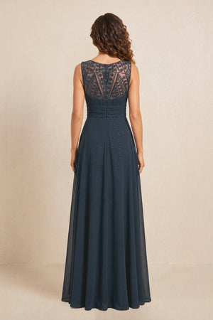 Dark Navy Illusion Neck A-Line Satin Embroidered Pleated Mother of the Bride Dress (2) | KISSBRIDAL