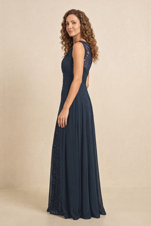 Dark Navy Illusion Neck A-Line Satin Embroidered Pleated Mother of the Bride Dress (3) | KISSBRIDAL
