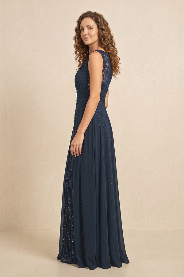Dark Navy Illusion Neck A-Line Satin Embroidered Pleated Mother of the Bride Dress (3) | KISSBRIDAL
