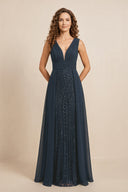 Dark Navy Illusion Neck A-Line Satin Embroidered Pleated Mother of the Bride Dress | KISSBRIDAL