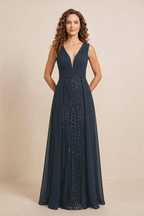 Dark Navy Illusion Neck A-Line Satin Embroidered Pleated Mother of the Bride Dress | KISSBRIDAL