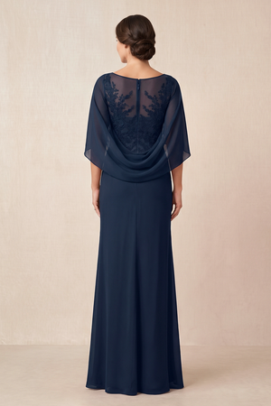 Dark Navy Illusion Neck Sheath Chiffon Mother of the Bride Dress With Embroidery (2) | KISSBRIDAL
