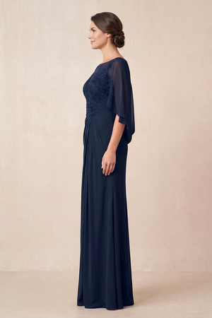 Dark Navy Illusion Neck Sheath Chiffon Mother of the Bride Dress With Embroidery (3) | KISSBRIDAL