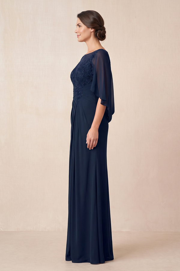 Dark Navy Illusion Neck Sheath Chiffon Mother of the Bride Dress With Embroidery (3) | KISSBRIDAL