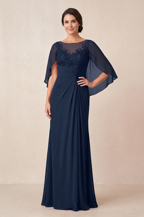 Dark Navy Illusion Neck Sheath Chiffon Mother of the Bride Dress With Embroidery | KISSBRIDAL