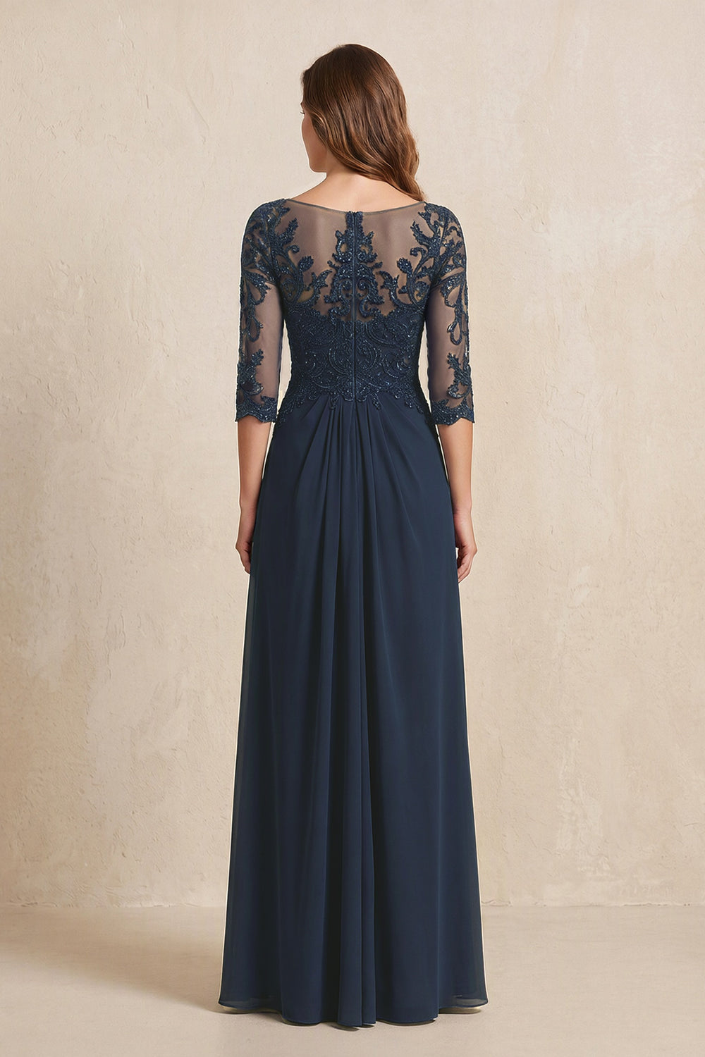 Dark Navy Illusion Neck Sheath Embroidered Chiffon Mother of the Bride Dress with Half Sleeves