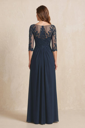 Dark Navy Illusion Neck Sheath Embroidered Chiffon Mother of the Bride Dress with Half Sleeves (2) | KISSBRIDAL