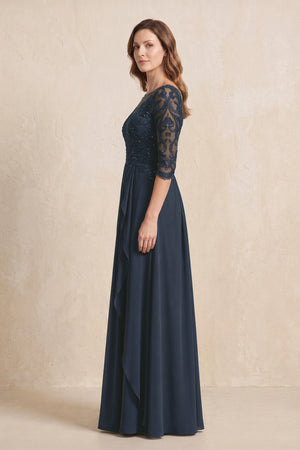 Dark Navy Illusion Neck Sheath Embroidered Chiffon Mother of the Bride Dress with Half Sleeves (3) | KISSBRIDAL