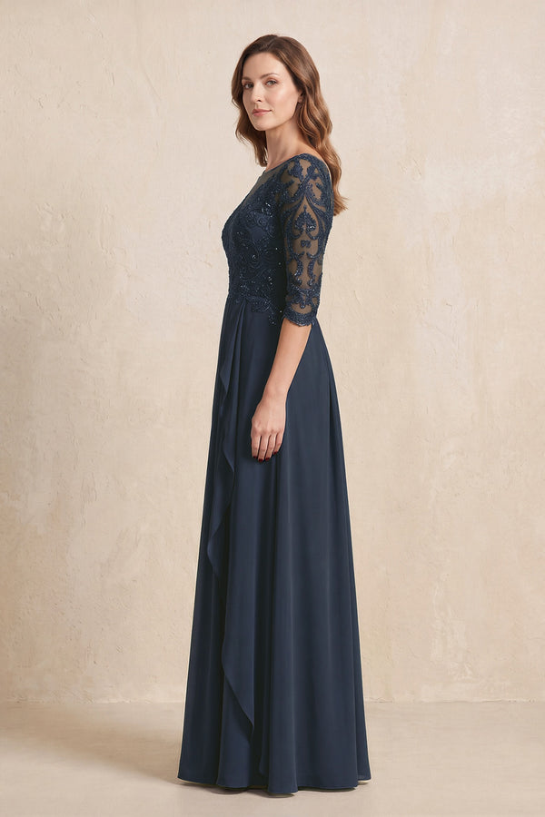 Dark Navy Illusion Neck Sheath Embroidered Chiffon Mother of the Bride Dress with Half Sleeves (3) | KISSBRIDAL