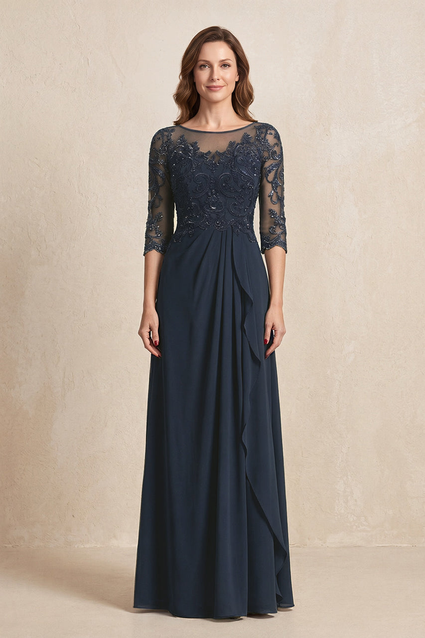 Dark Navy Illusion Neck Sheath Embroidered Chiffon Mother of the Bride Dress with Half Sleeves