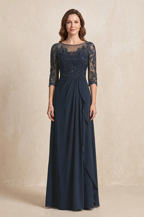 Dark Navy Illusion Neck Sheath Embroidered Chiffon Mother of the Bride Dress with Half Sleeves | KISSBRIDAL