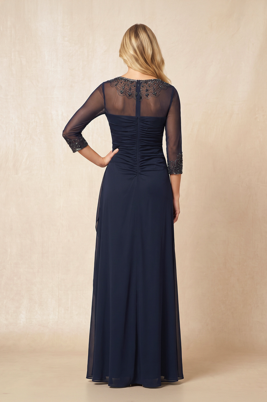 Dark Navy Illusion Neck Sheath Mother of the Bride Dress With Sleeves