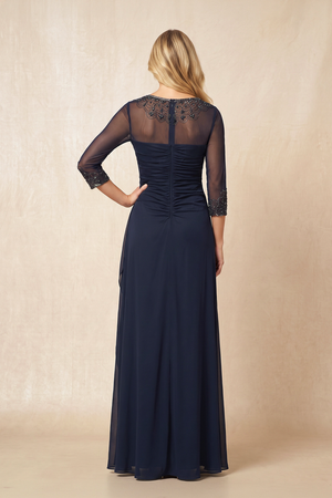 Dark Navy Illusion Neck Sheath Mother of the Bride Dress With Sleeves (2) | KISSBRIDAL