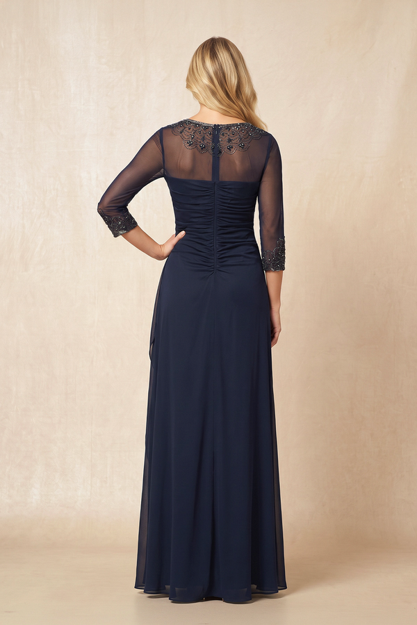 Dark Navy Illusion Neck Sheath Mother of the Bride Dress With Sleeves (2) | KISSBRIDAL