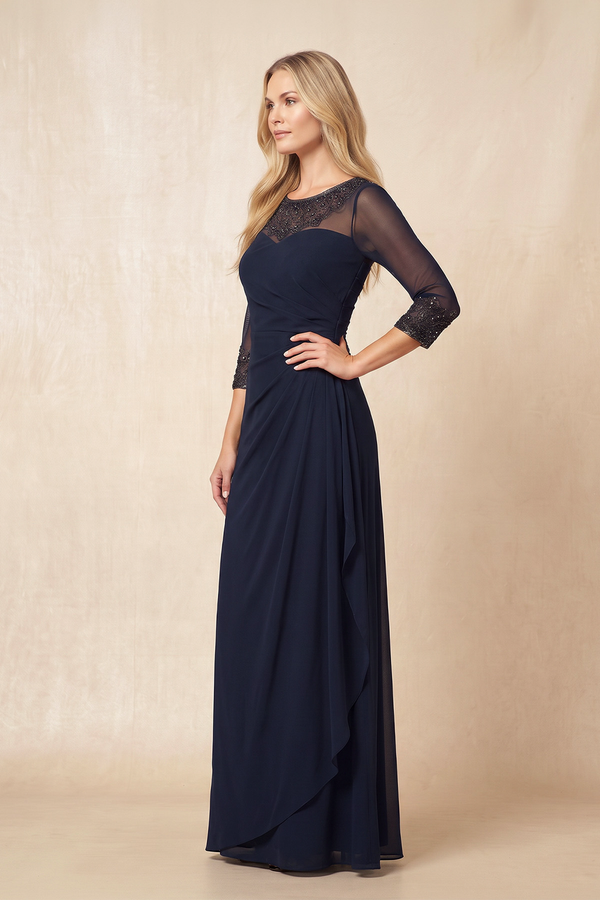 Dark Navy Illusion Neck Sheath Mother of the Bride Dress With Sleeves (3) | KISSBRIDAL