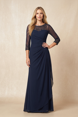 Dark Navy Illusion Neck Sheath Mother of the Bride Dress With Sleeves | KISSBRIDAL
