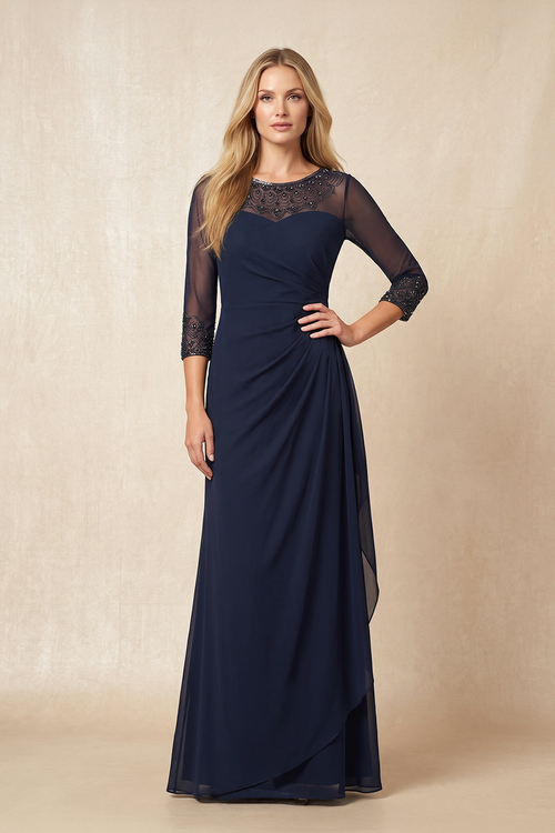 Dark Navy Illusion Neck Sheath Mother of the Bride Dress With Sleeves | KISSBRIDAL