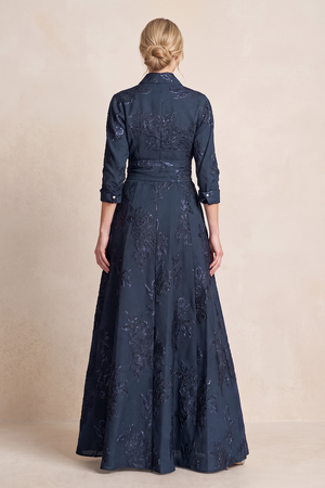 Dark Navy Jacquard A-Line 3/4 Sleeves Mother of the Bride Dress (2) | KISSBRIDAL