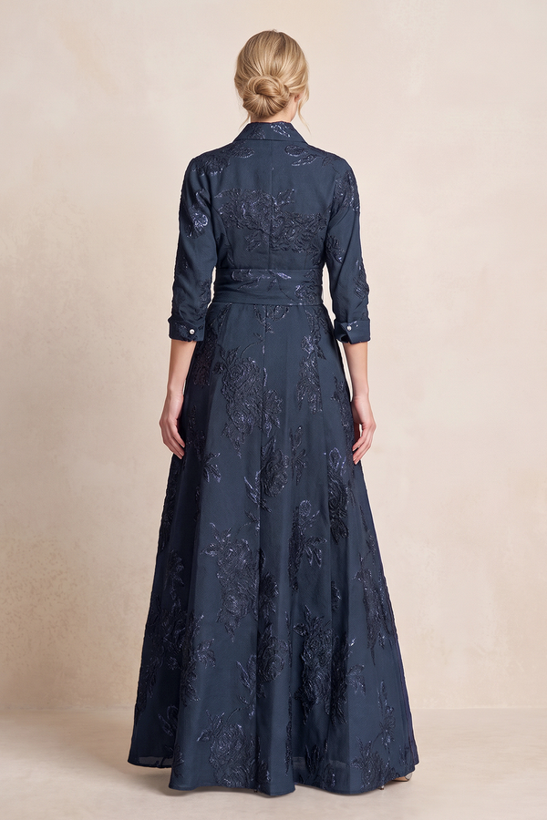 Dark Navy Jacquard A-Line 3/4 Sleeves Mother of the Bride Dress (2) | KISSBRIDAL
