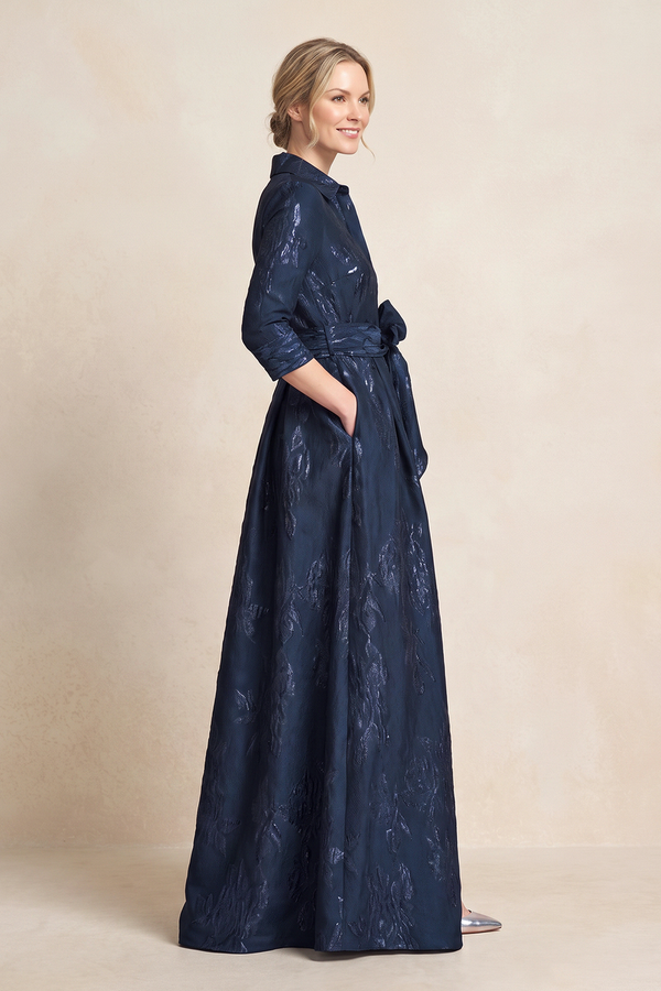 Dark Navy Jacquard A-Line 3/4 Sleeves Mother of the Bride Dress (3) | KISSBRIDAL