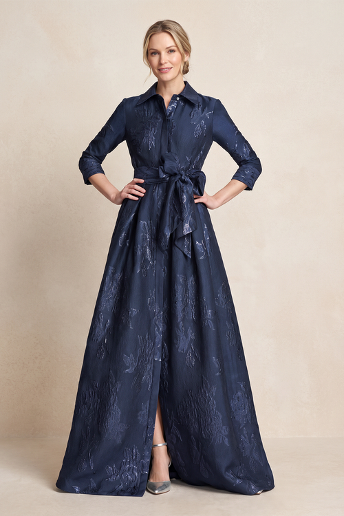 Dark Navy Jacquard A-Line 3/4 Sleeves Mother of the Bride Dress | KISSBRIDAL