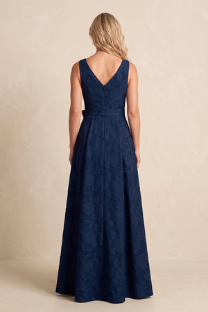 Dark Navy Jacquard A-Line V-Neck Mother of the Bride Dress with Bow (2) | KISSBRIDAL