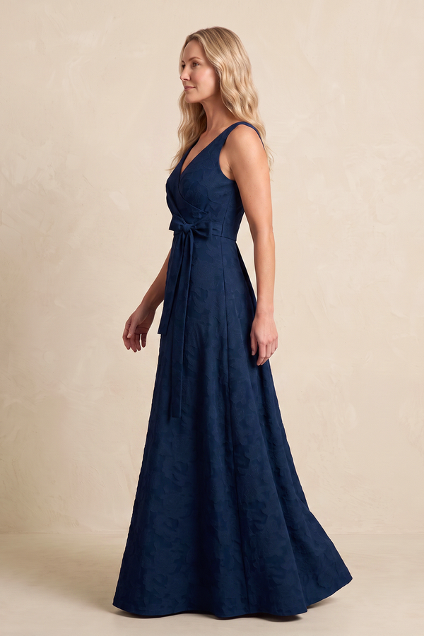 Dark Navy Jacquard A-Line V-Neck Mother of the Bride Dress with Bow (3) | KISSBRIDAL