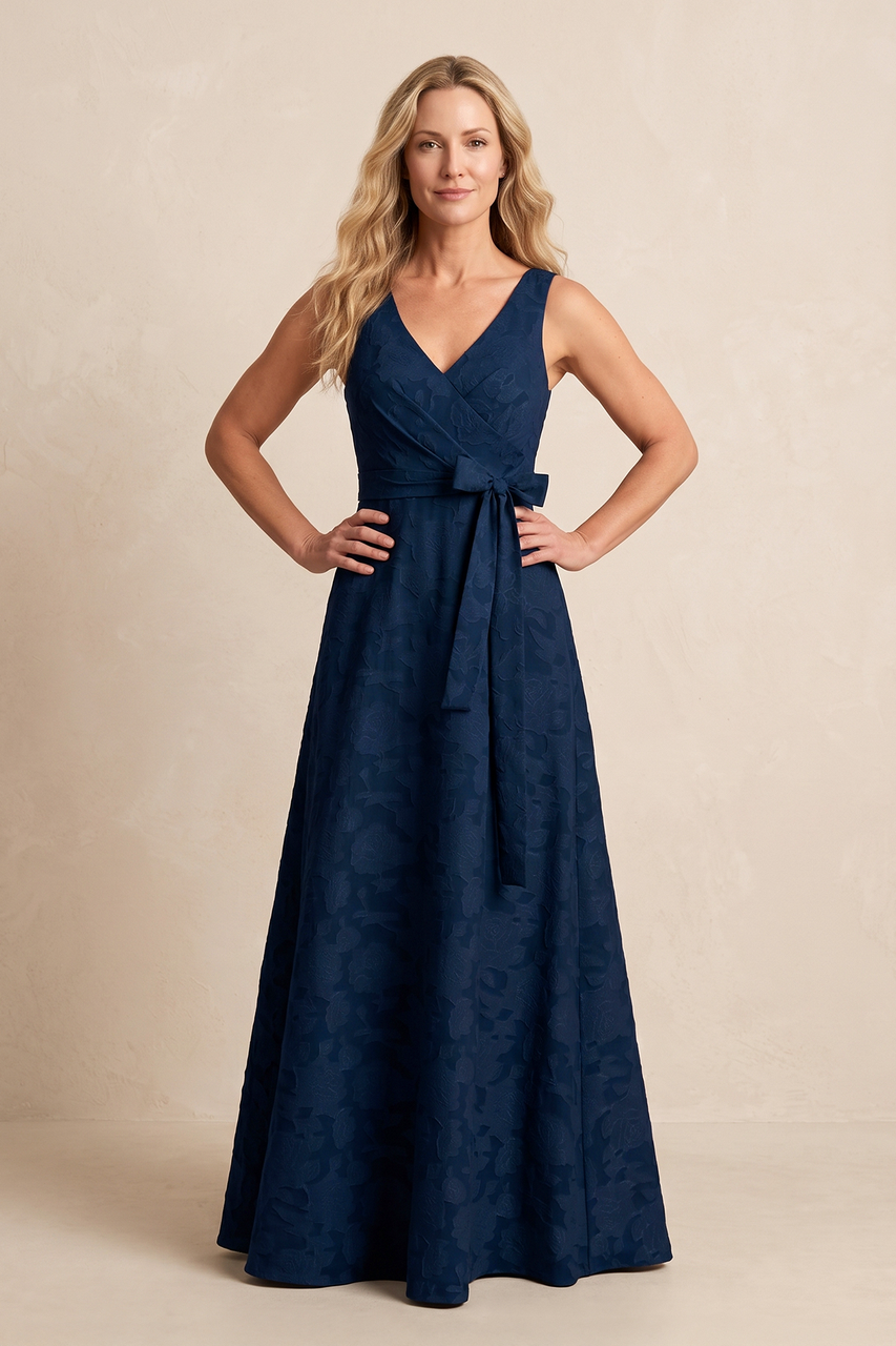 Dark Navy Jacquard A-Line V-Neck Mother of the Bride Dress with Bow