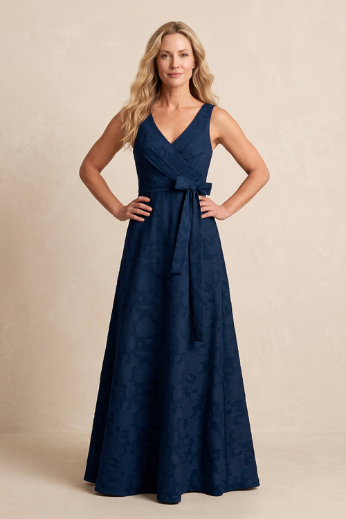 Dark Navy Jacquard A-Line V-Neck Mother of the Bride Dress with Bow | KISSBRIDAL