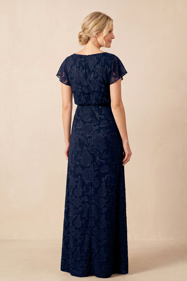 Dark Navy Jacquard Sheath Boat Neck Mother of the Bride Dress (2) | KISSBRIDAL