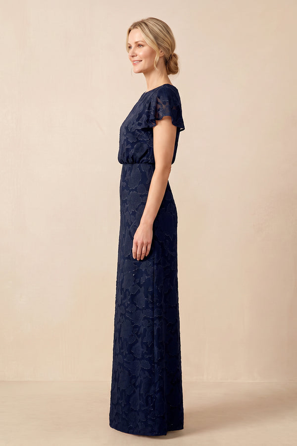 Dark Navy Jacquard Sheath Boat Neck Mother of the Bride Dress (3) | KISSBRIDAL