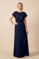 Dark Navy Jacquard Sheath Boat Neck Mother of the Bride Dress | KISSBRIDAL