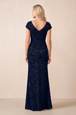 Dark Navy Jacquard V-Neck Sheath Mother of the Bride Dress With Slit (2) | KISSBRIDAL