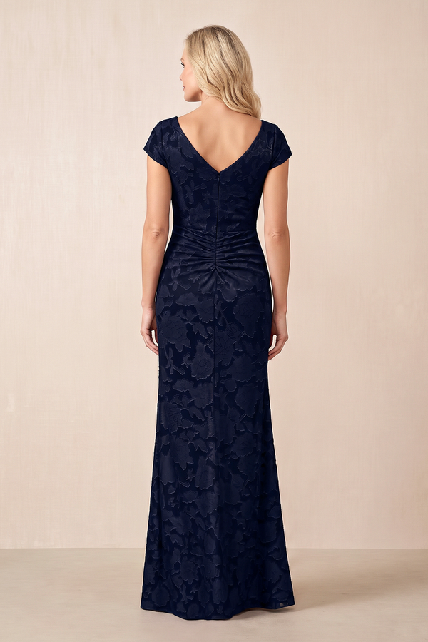 Dark Navy Jacquard V-Neck Sheath Mother of the Bride Dress With Slit (2) | KISSBRIDAL