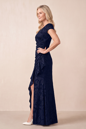 Dark Navy Jacquard V-Neck Sheath Mother of the Bride Dress With Slit (3) | KISSBRIDAL