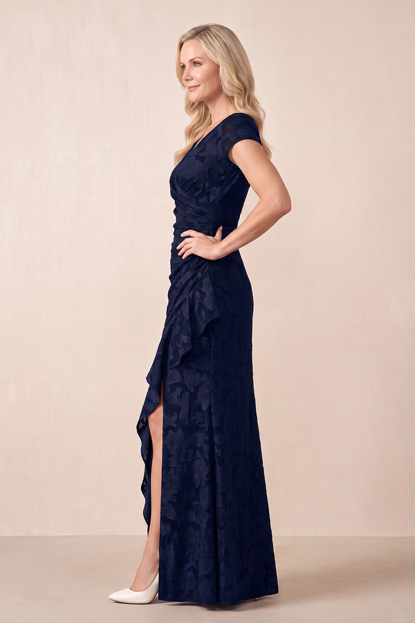 Dark Navy Jacquard V-Neck Sheath Mother of the Bride Dress With Slit (3) | KISSBRIDAL