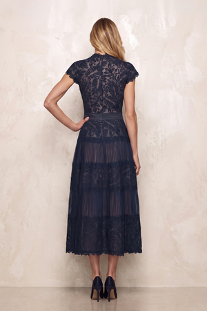 Dark Navy Lace A-Line Cap Sleeves Midi Mother of the Bride Dress (2) | KISSBRIDAL