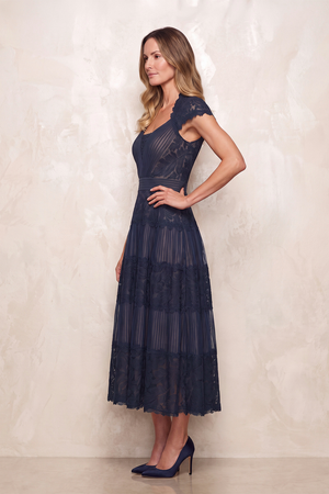 Dark Navy Lace A-Line Cap Sleeves Midi Mother of the Bride Dress (3) | KISSBRIDAL