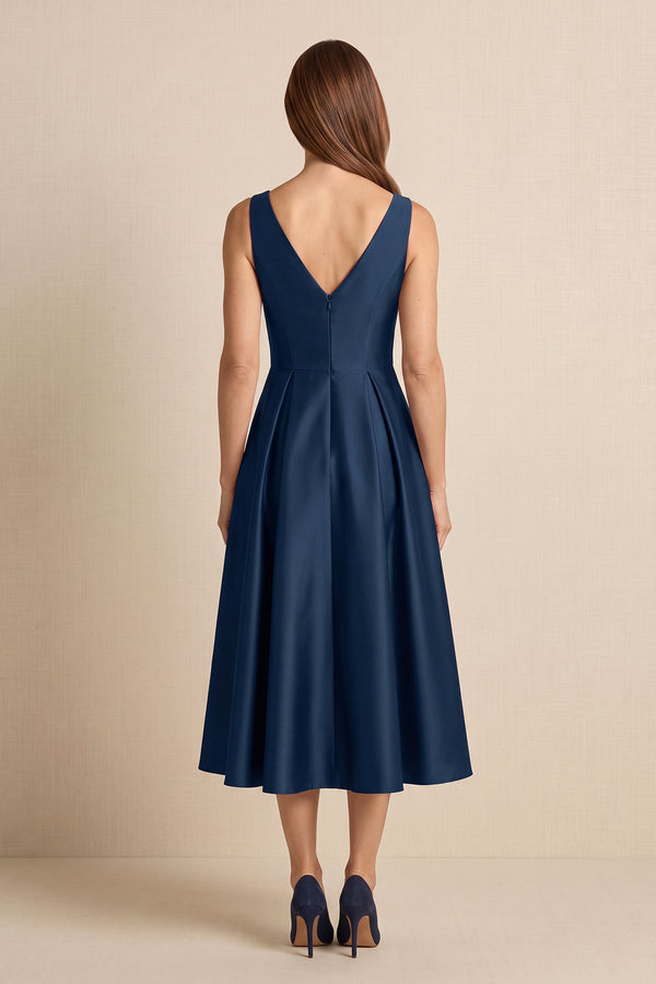 Dark Navy Linen A-Line Boat Neck Midi Mother of the Bride Dress (2) | KISSBRIDAL
